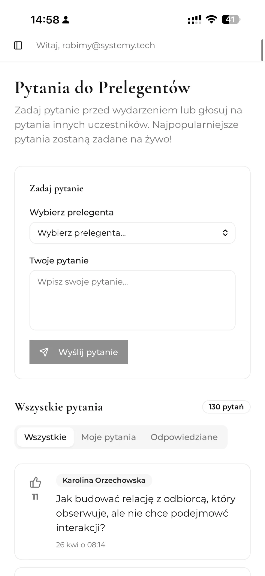 Pytania z upvote'owaniem, ekran aplikacji wydarzenia
