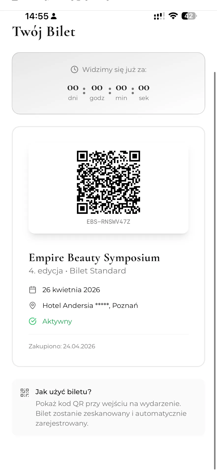 Wejście przez QR, ekran aplikacji wydarzenia