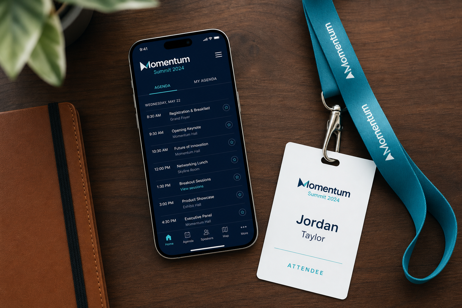 Smartfon z aplikacją eventową na drewnianym stole z lanyardem - tło dla artykułu o opłacalności apki