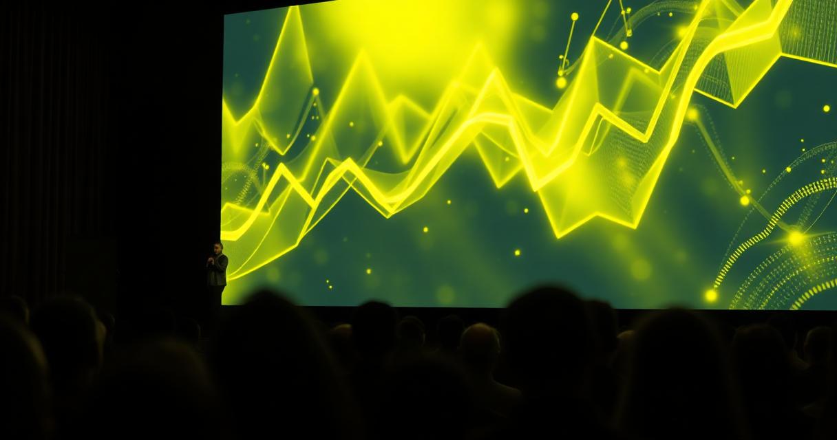 Prelegent na scenie konferencji z ogromnym ekranem LED w tle z wizualizacją danych